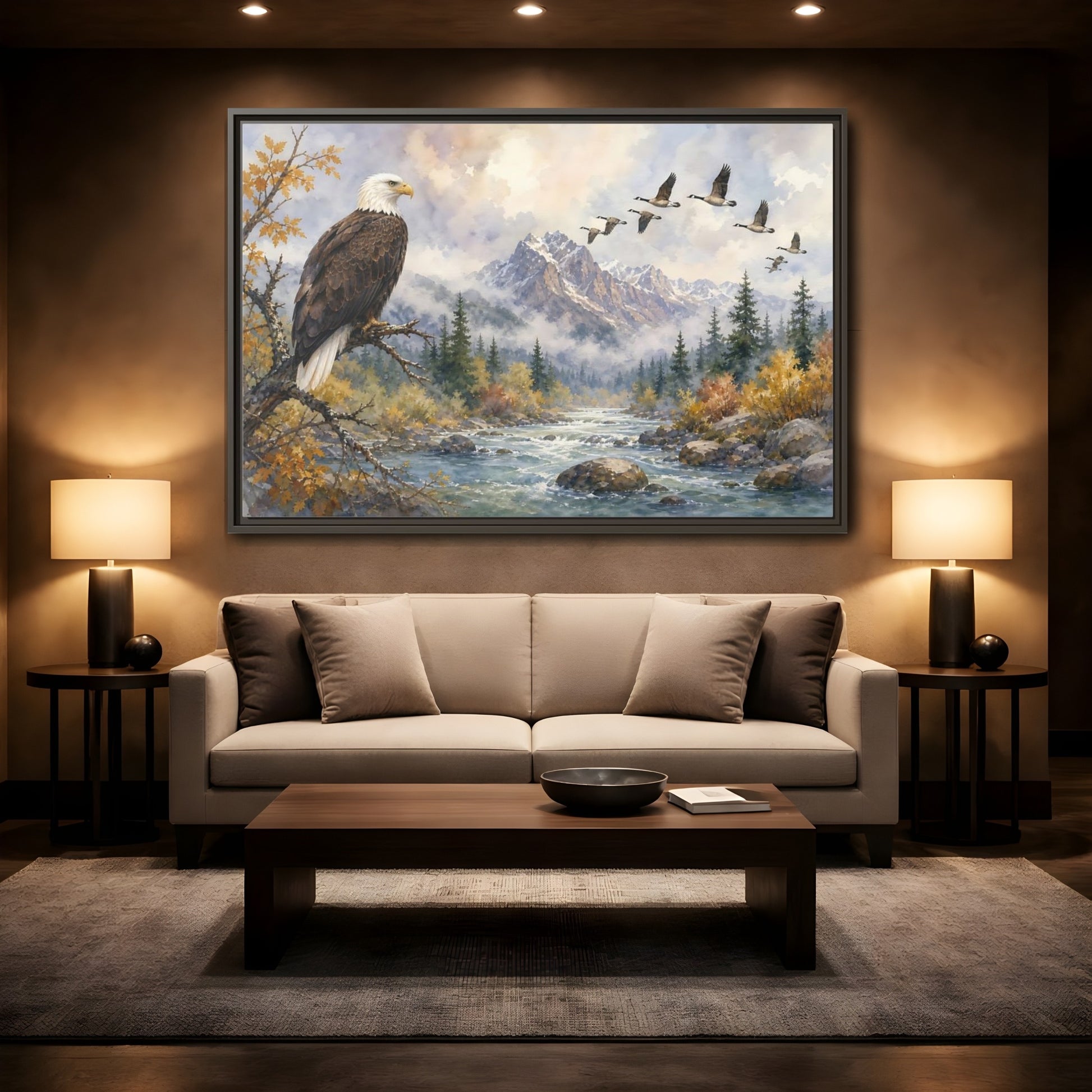 Mockup 2. Nature Bald Eagle Mountain River Eagle shown as stretched canvas wall art