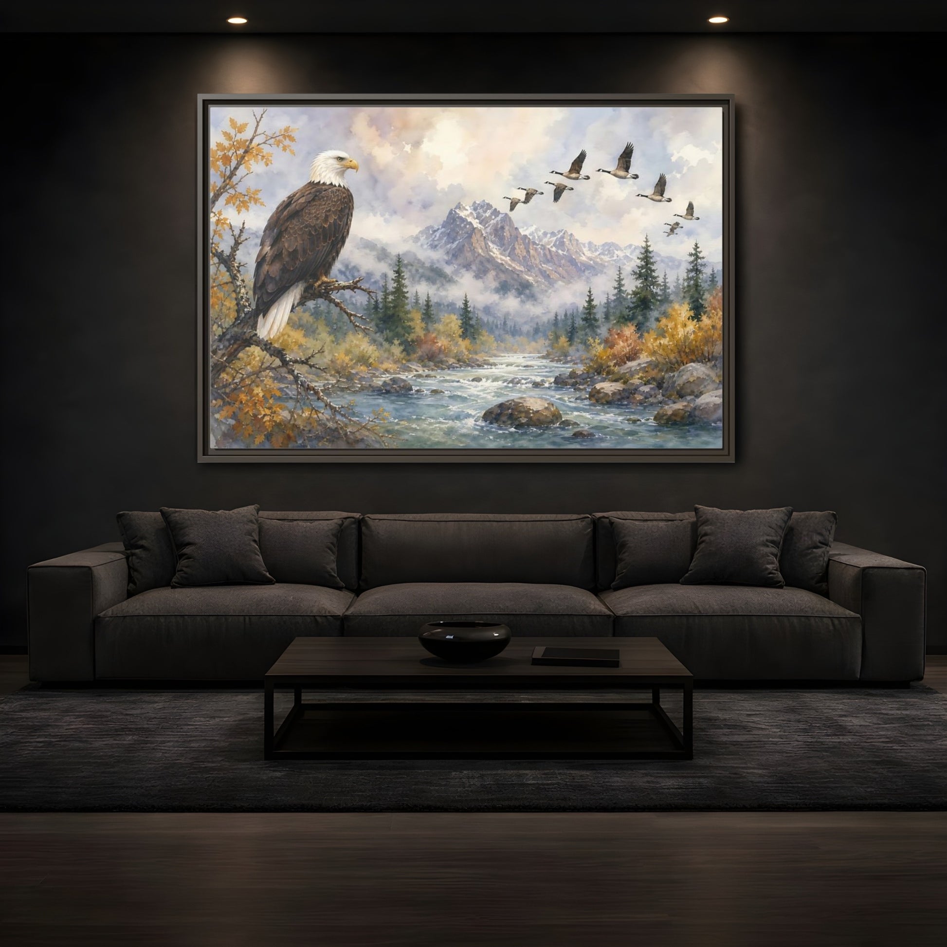Mockup 3. Nature Bald Eagle Mountain River Eagle shown as stretched canvas wall art