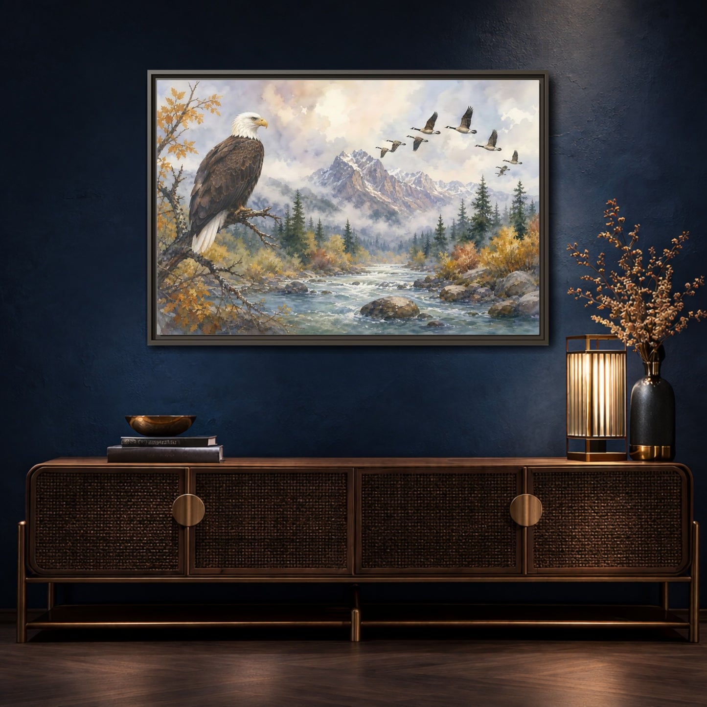 Mockup 4. Nature Bald Eagle Mountain River Eagle shown as stretched canvas wall art
