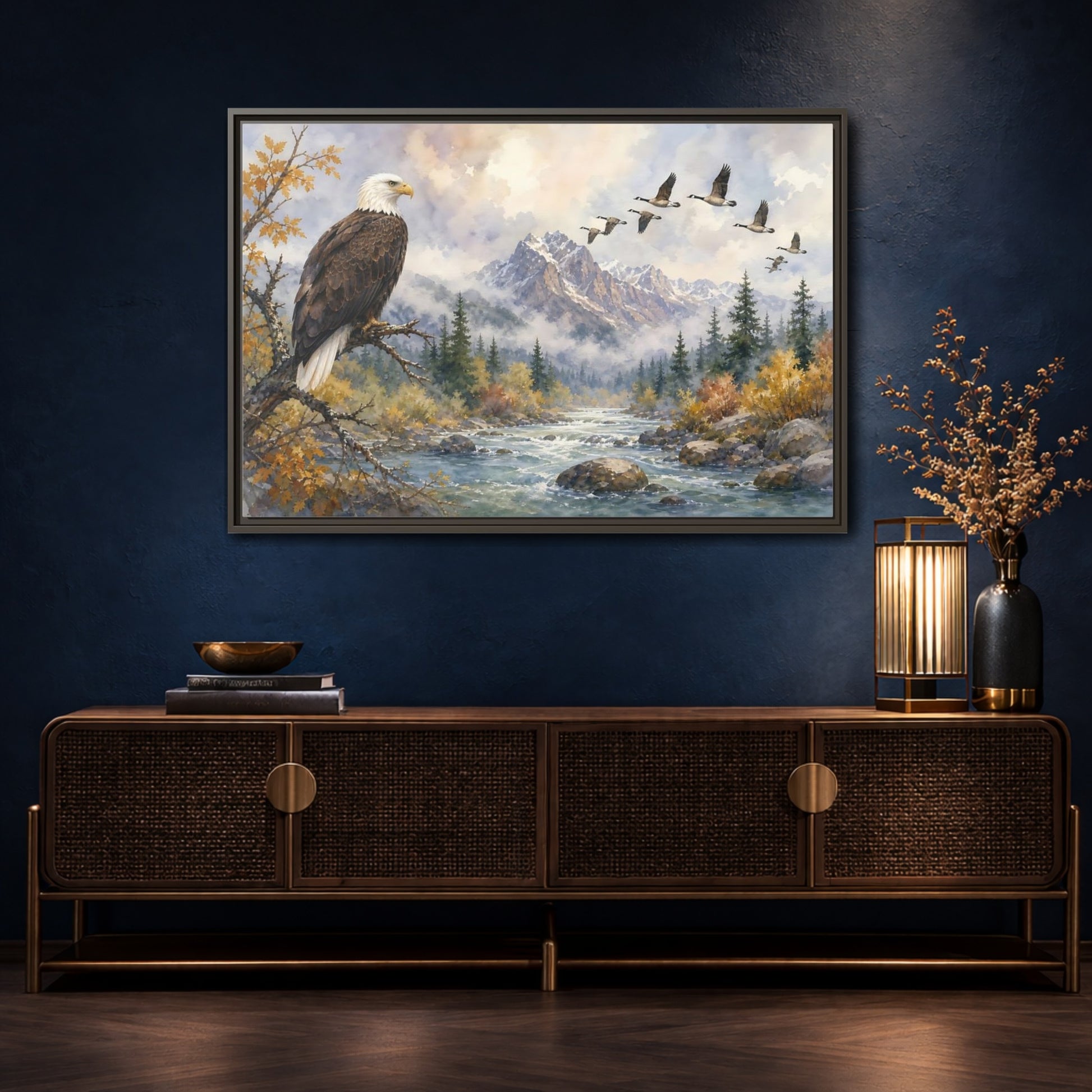 Mockup 4. Nature Bald Eagle Mountain River Eagle shown as stretched canvas wall art