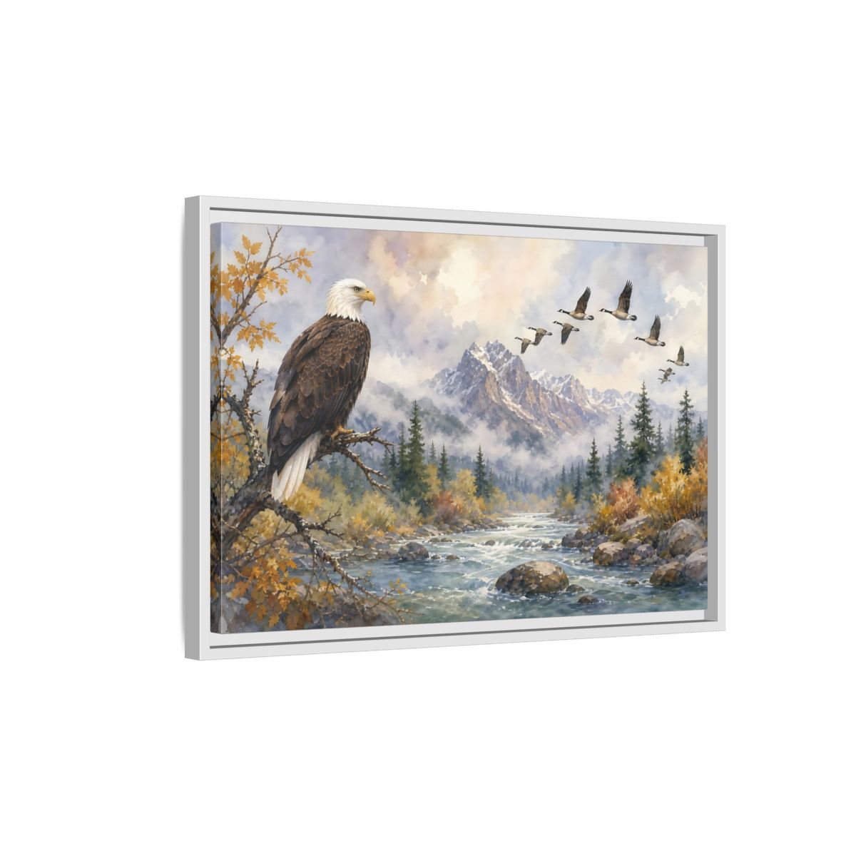 Side Mockup 1. Nature Bald Eagle Mountain River Eagle shown as stretched canvas wall art