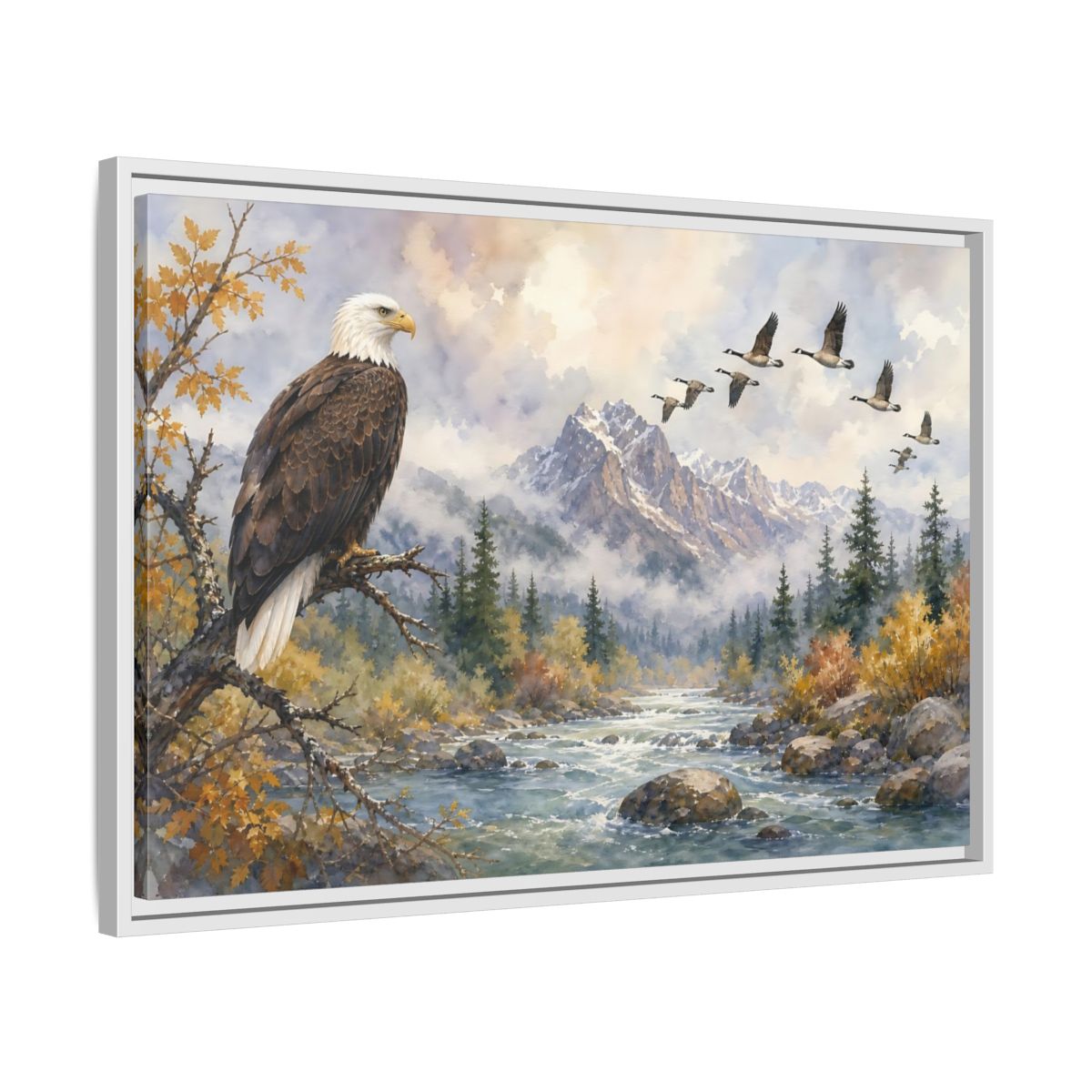 Side Mockup 10. Nature Bald Eagle Mountain River Eagle shown as stretched canvas wall art