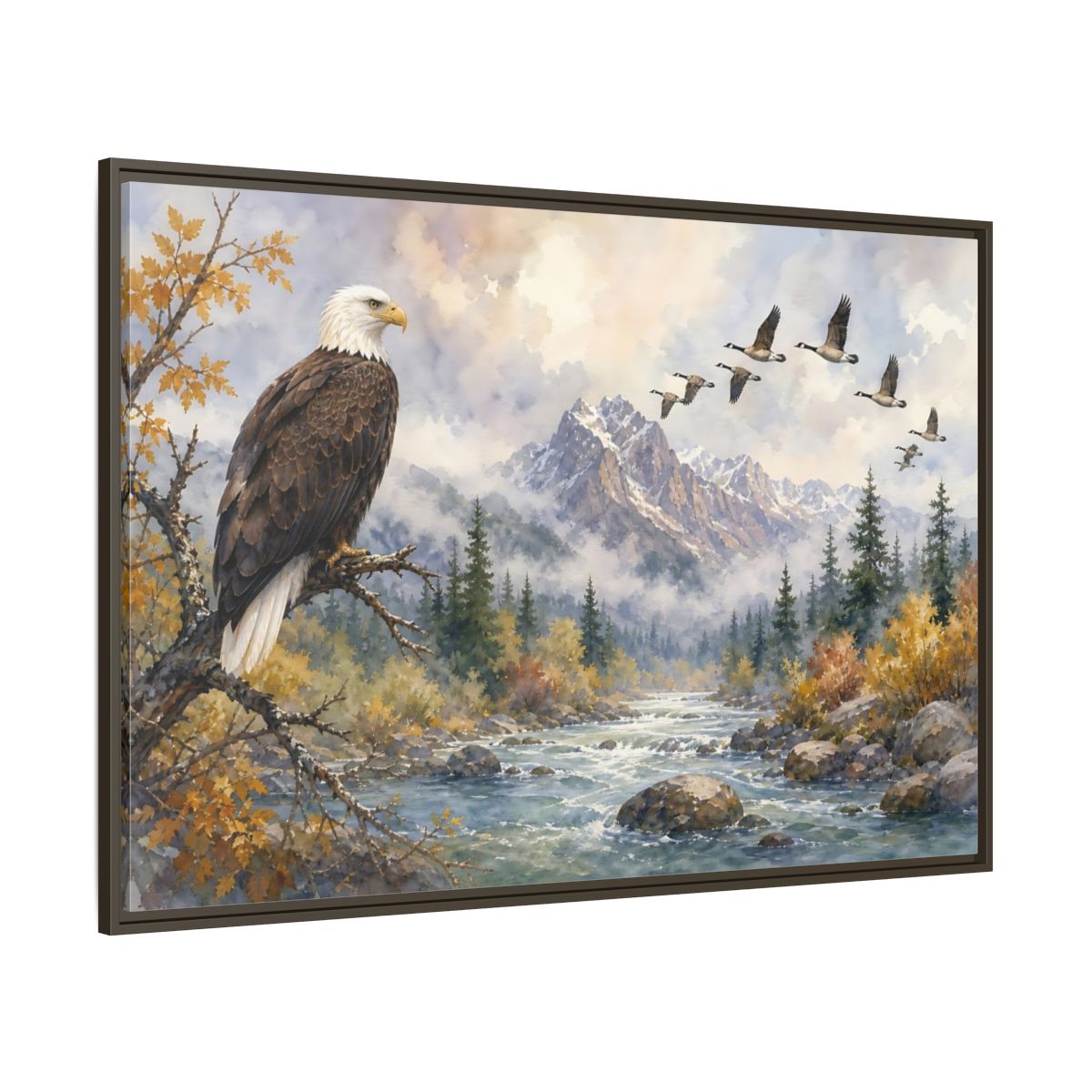 Side Mockup 8. Nature Bald Eagle Mountain River Eagle shown as stretched canvas wall art