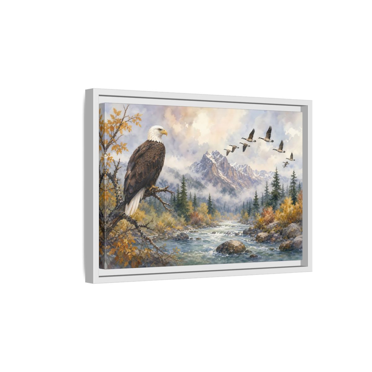 Side Mockup 4. Nature Bald Eagle Mountain River Eagle shown as stretched canvas wall art