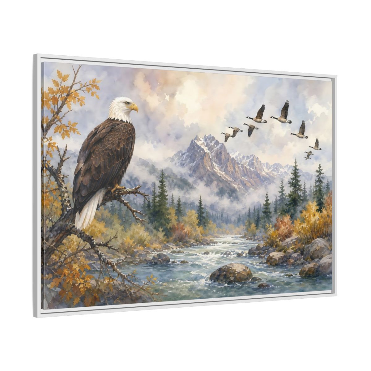 Side Mockup 7. Nature Bald Eagle Mountain River Eagle shown as stretched canvas wall art