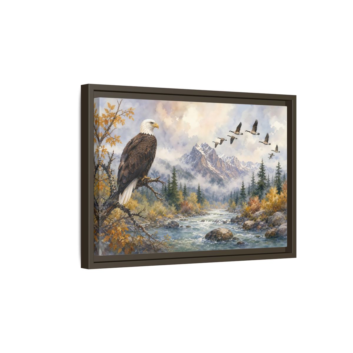 Side Mockup 5. Nature Bald Eagle Mountain River Eagle shown as stretched canvas wall art