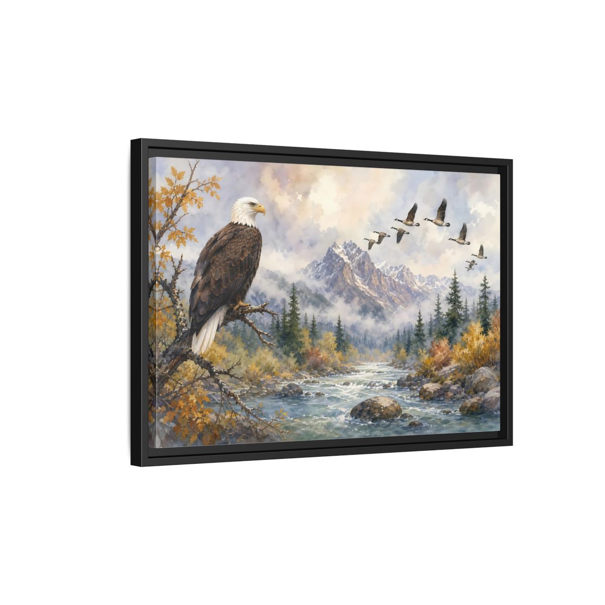 Side Mockup 3. Nature Bald Eagle Mountain River Eagle shown as stretched canvas wall art