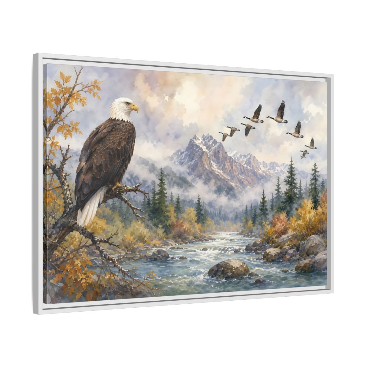 Side Mockup 9. Nature Bald Eagle Mountain River Eagle shown as stretched canvas wall art