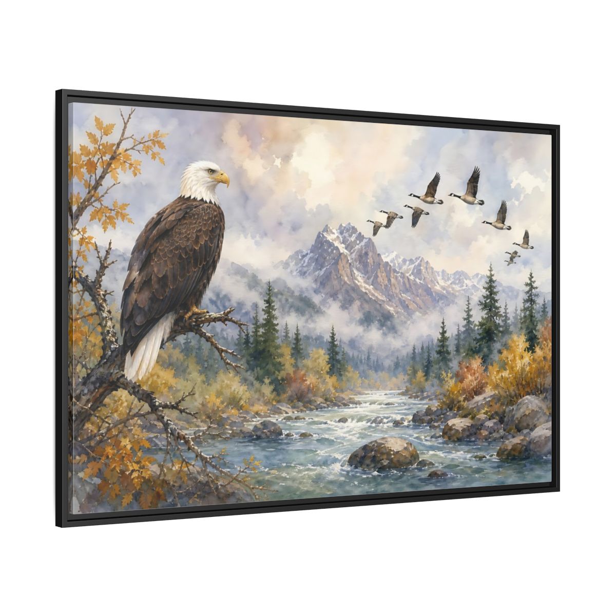 Side Mockup 12. Nature Bald Eagle Mountain River Eagle shown as stretched canvas wall art