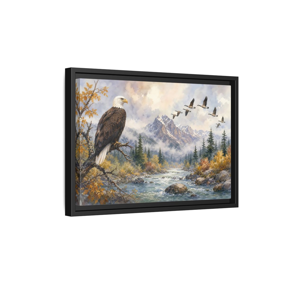 Side Mockup 6. Nature Bald Eagle Mountain River Eagle shown as stretched canvas wall art