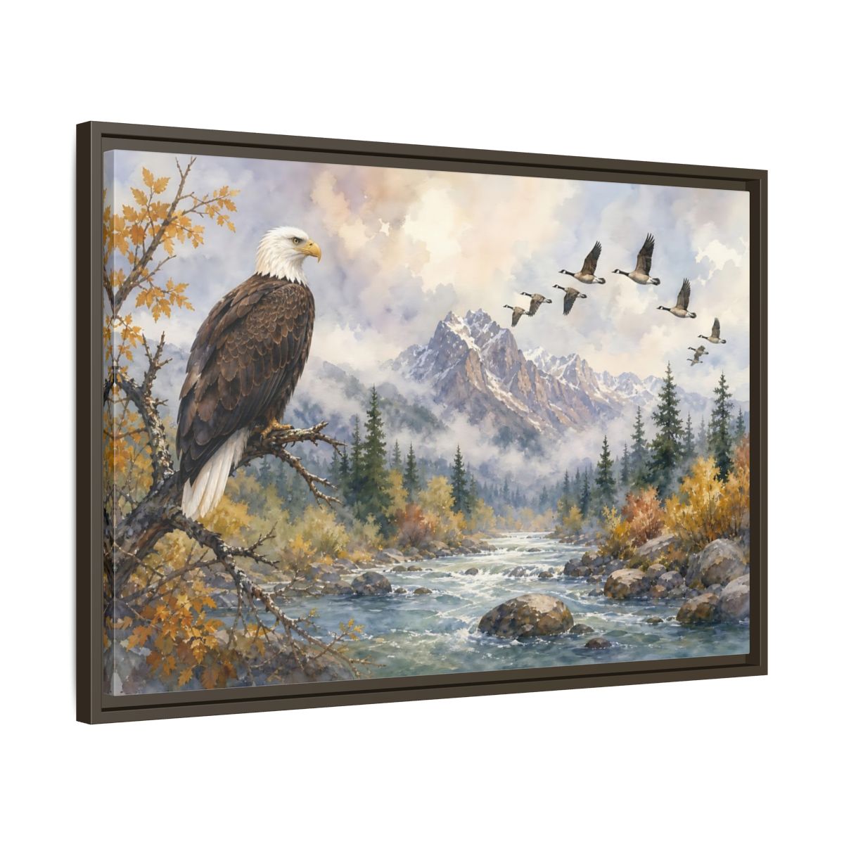 Side Mockup 11. Nature Bald Eagle Mountain River Eagle shown as stretched canvas wall art