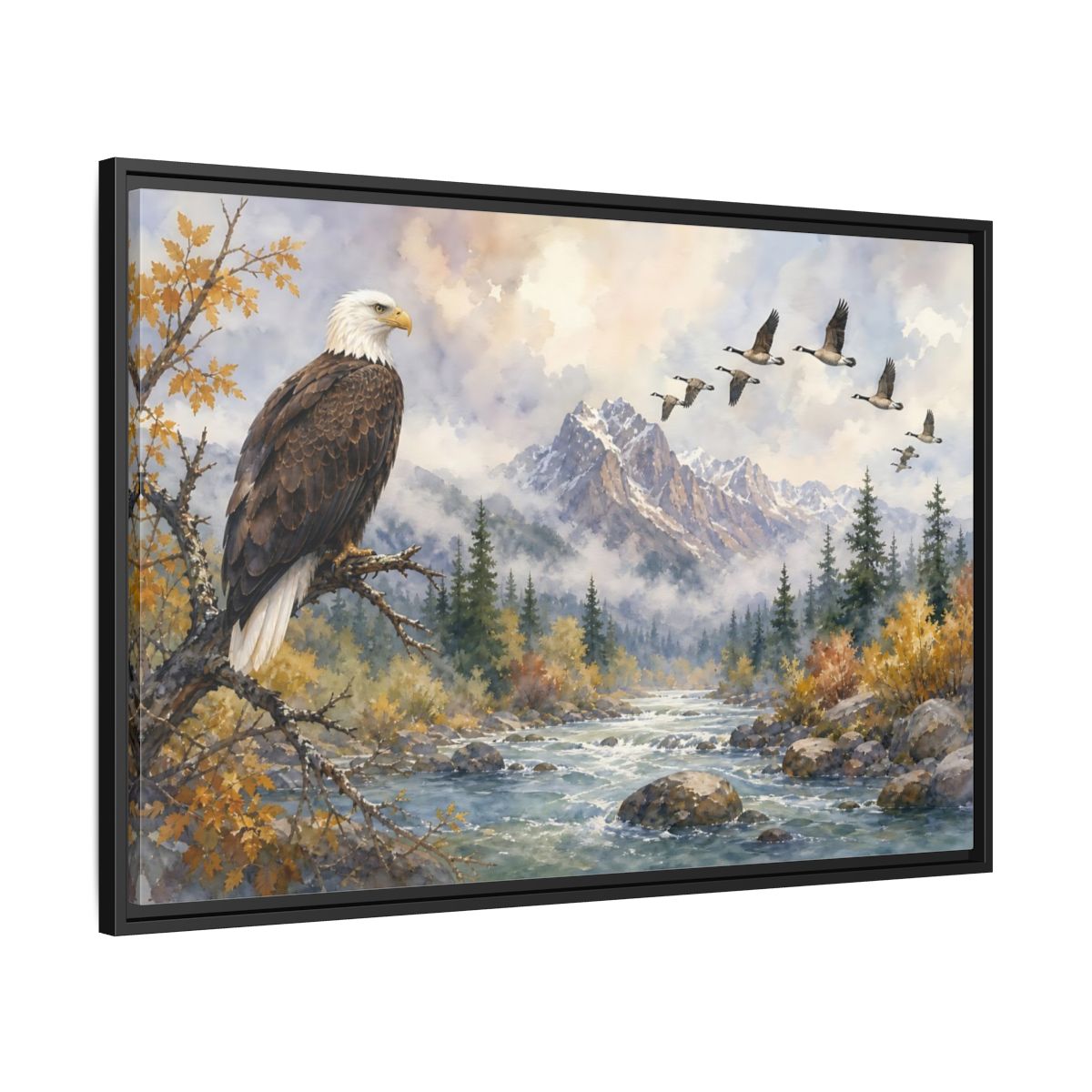 Side Mockup 13. Nature Bald Eagle Mountain River Eagle shown as stretched canvas wall art