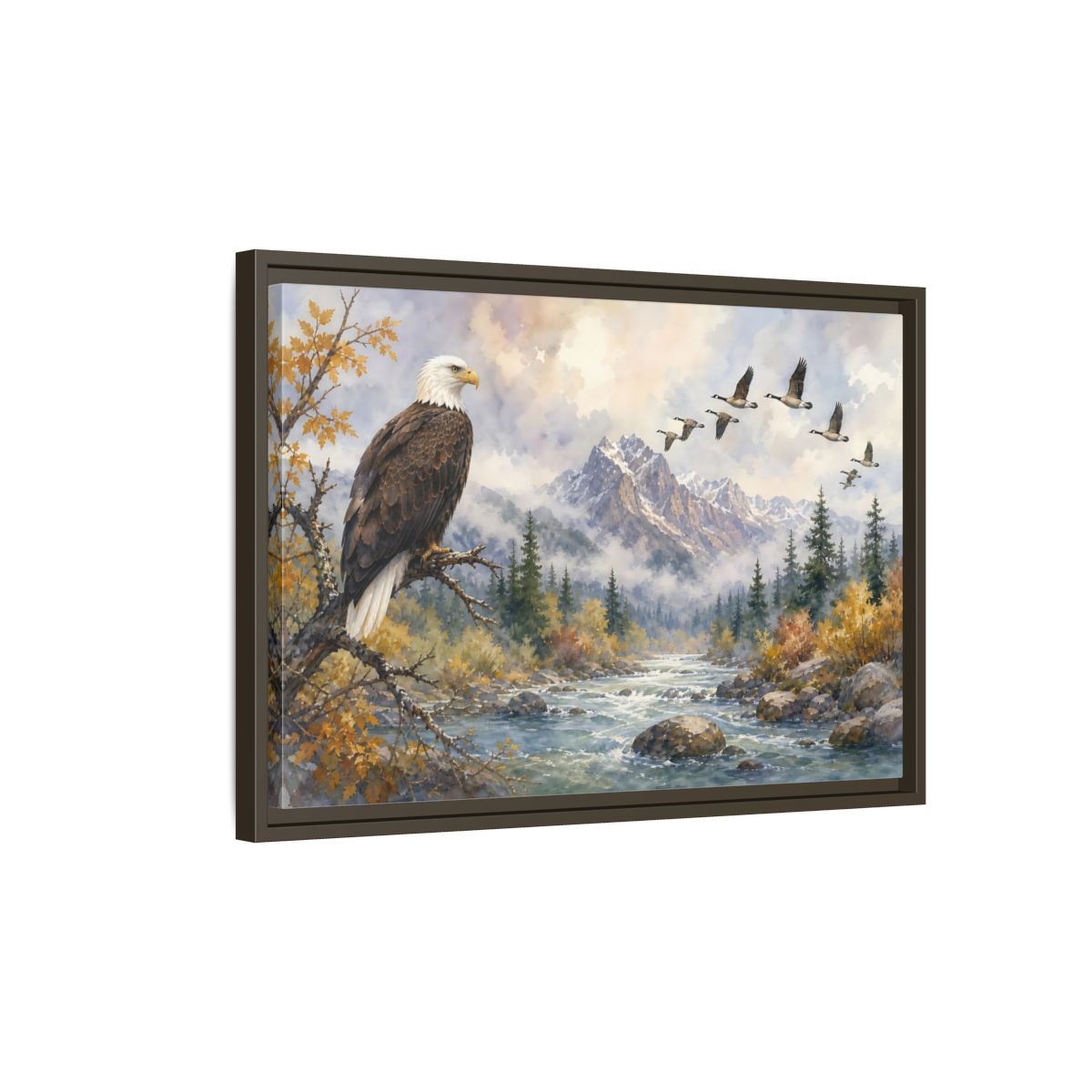 Side Mockup 2. Nature Bald Eagle Mountain River Eagle shown as stretched canvas wall art