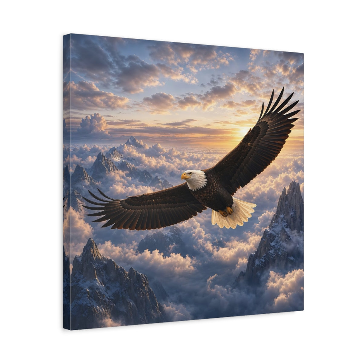 Side Mockup 5. Nature Bald Eagle Eagle Mountain Sunset shown as stretched canvas wall art