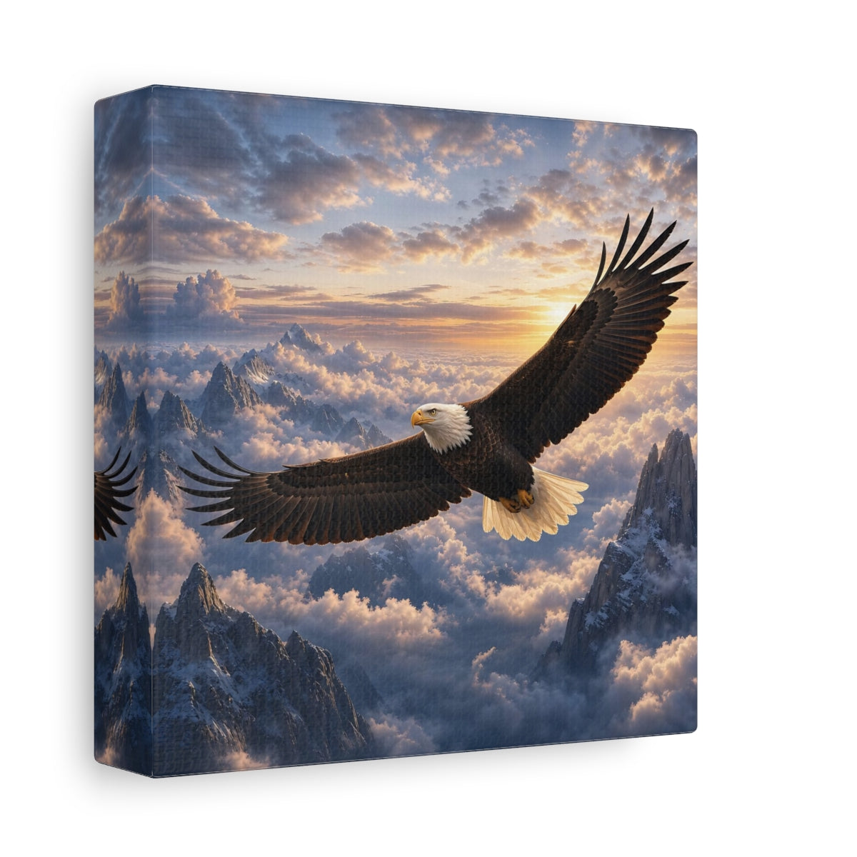 Side Mockup 2. Nature Bald Eagle Eagle Mountain Sunset shown as stretched canvas wall art
