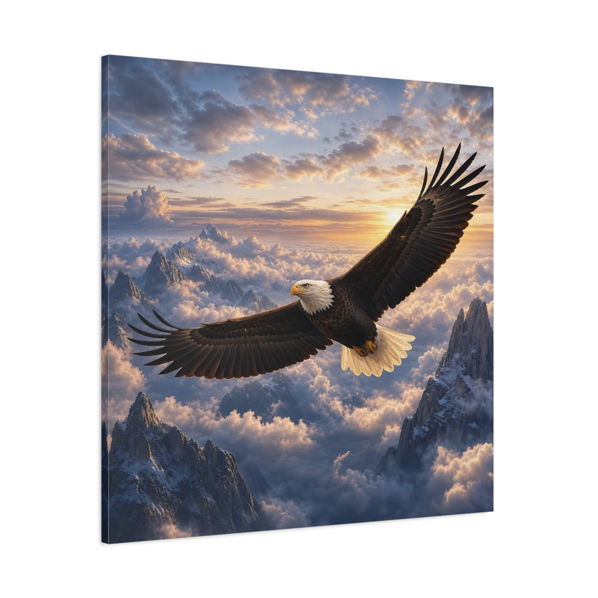 Side Mockup 1. Nature Bald Eagle Eagle Mountain Sunset shown as stretched canvas wall art