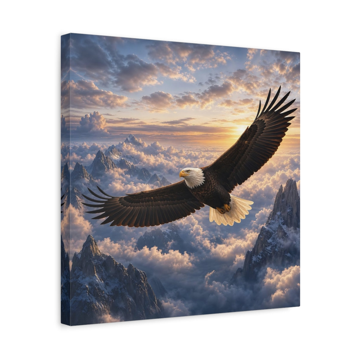 Side Mockup 6. Nature Bald Eagle Eagle Mountain Sunset shown as stretched canvas wall art