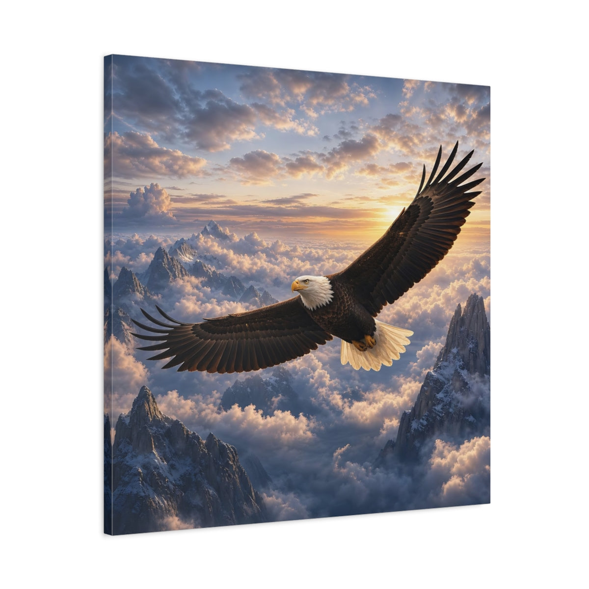Side Mockup 3. Nature Bald Eagle Eagle Mountain Sunset shown as stretched canvas wall art