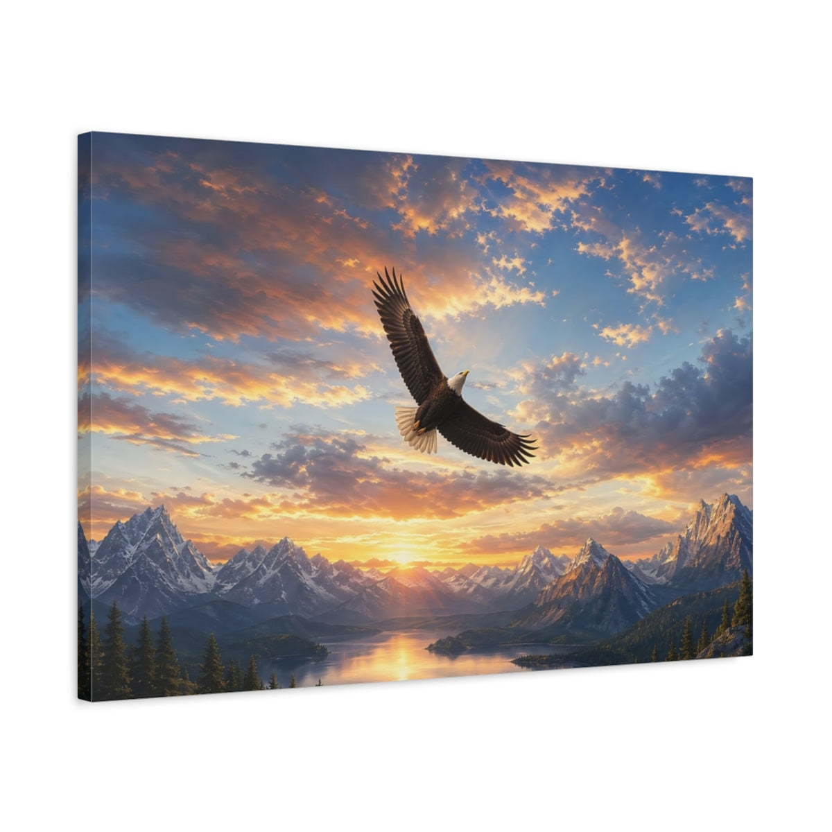 Side Mockup 2. Nature Bald Eagle Orange Blue Eagle shown as stretched canvas wall art