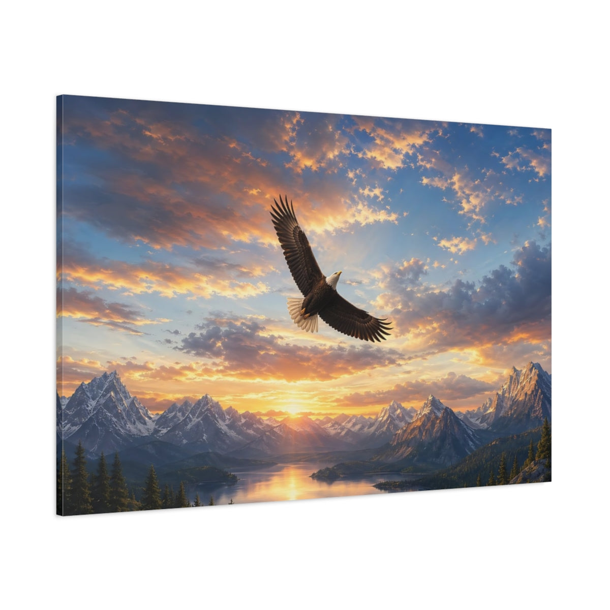 Side Mockup 1. Nature Bald Eagle Orange Blue Eagle shown as stretched canvas wall art