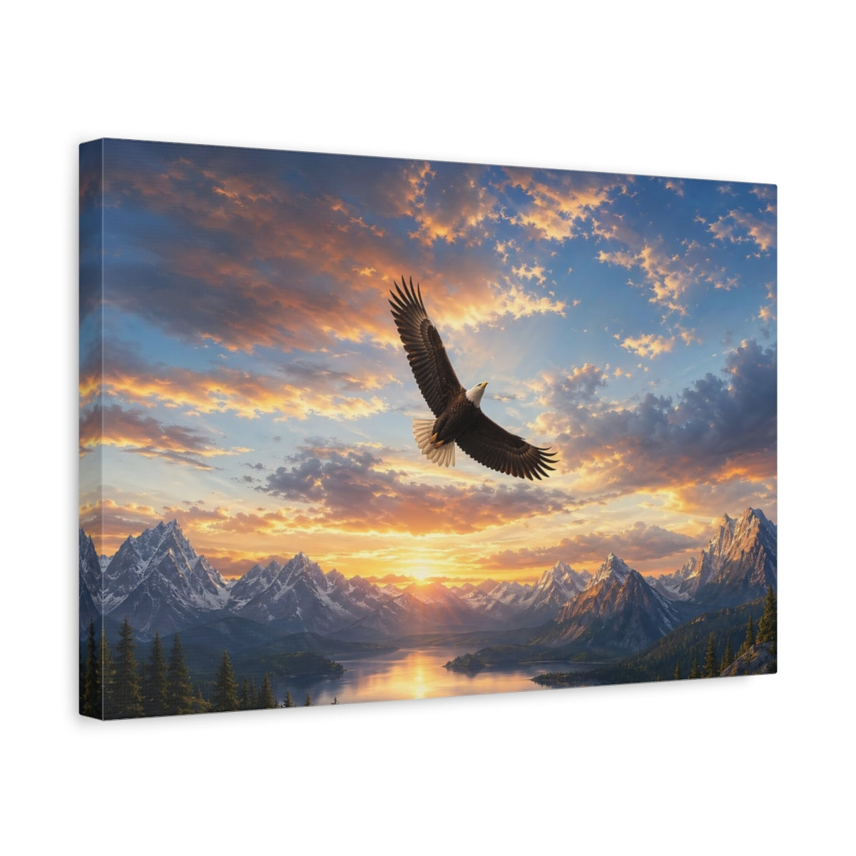 Side Mockup 4. Nature Bald Eagle Orange Blue Eagle shown as stretched canvas wall art