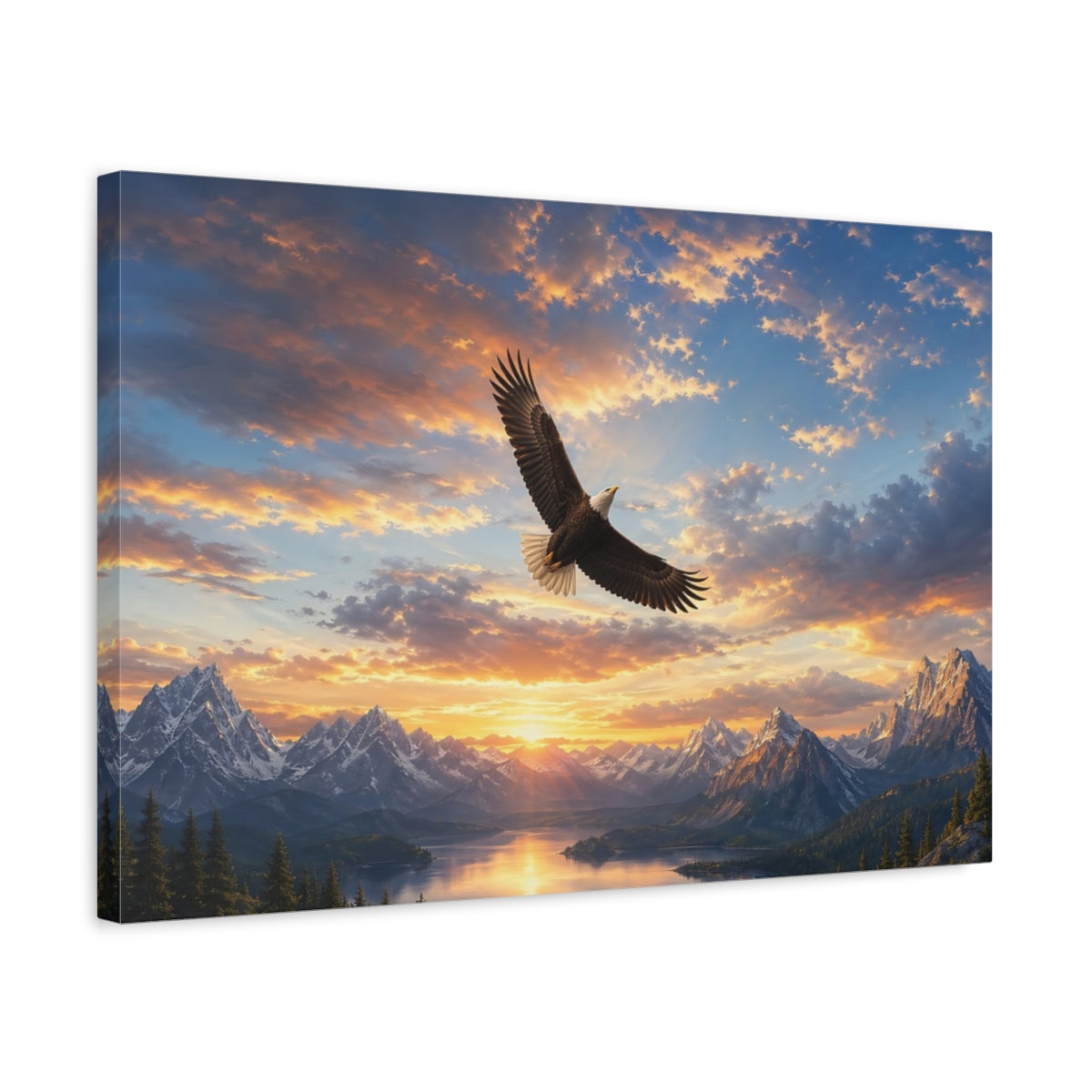 Side Mockup 3. Nature Bald Eagle Orange Blue Eagle shown as stretched canvas wall art