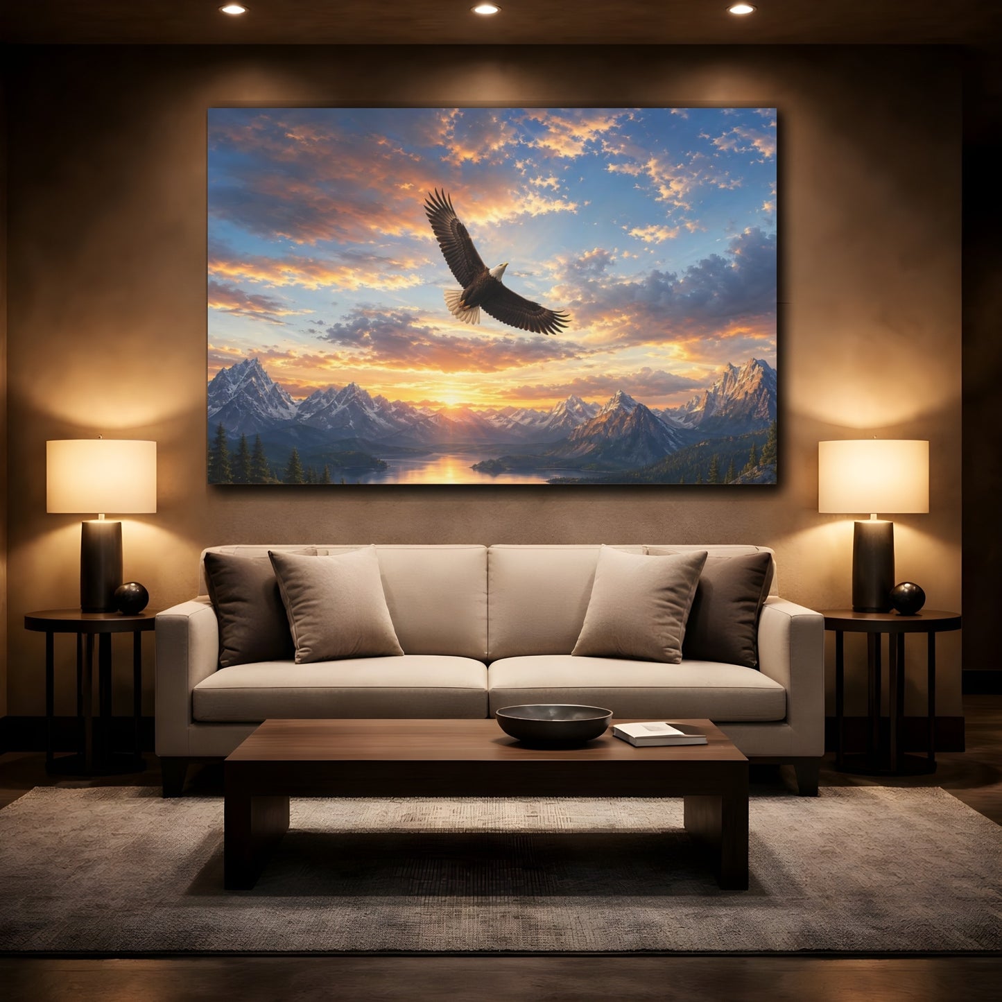 Mockup 2. Nature Bald Eagle Orange Blue Eagle shown as stretched canvas wall art
