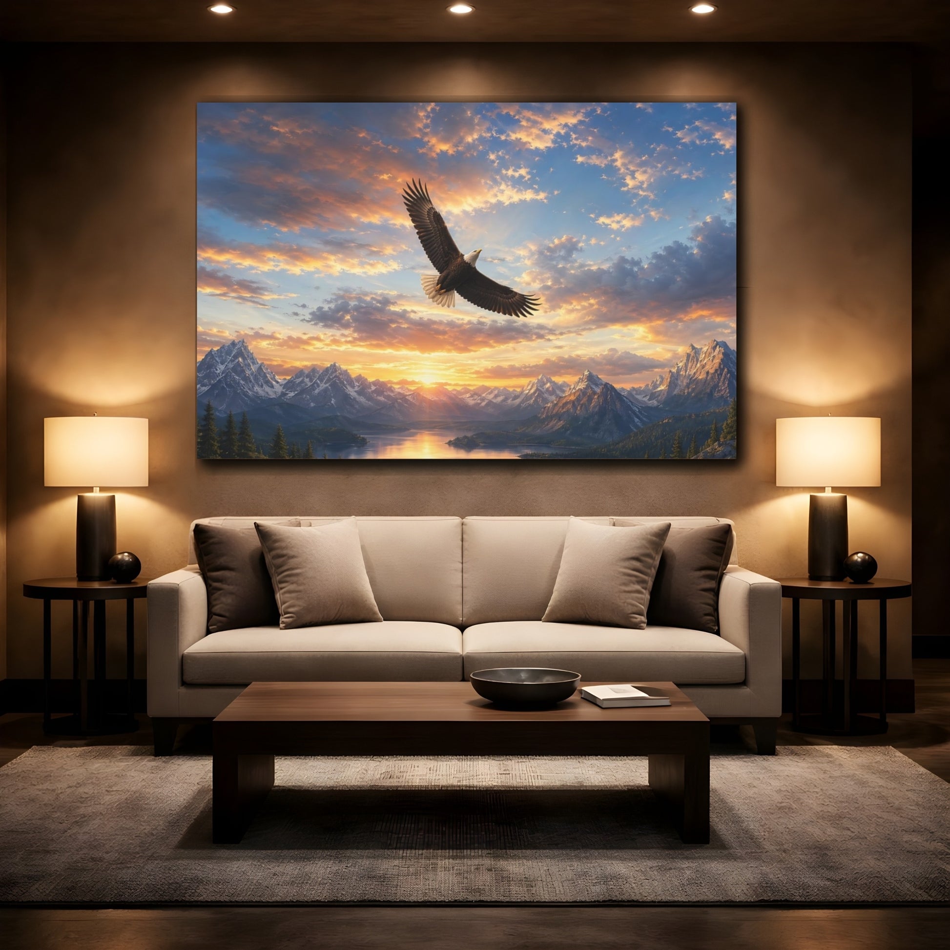 Mockup 2. Nature Bald Eagle Orange Blue Eagle shown as stretched canvas wall art