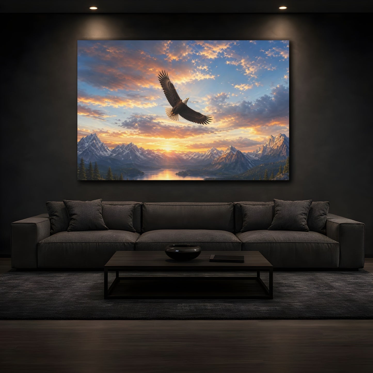 Mockup 3. Nature Bald Eagle Orange Blue Eagle shown as stretched canvas wall art