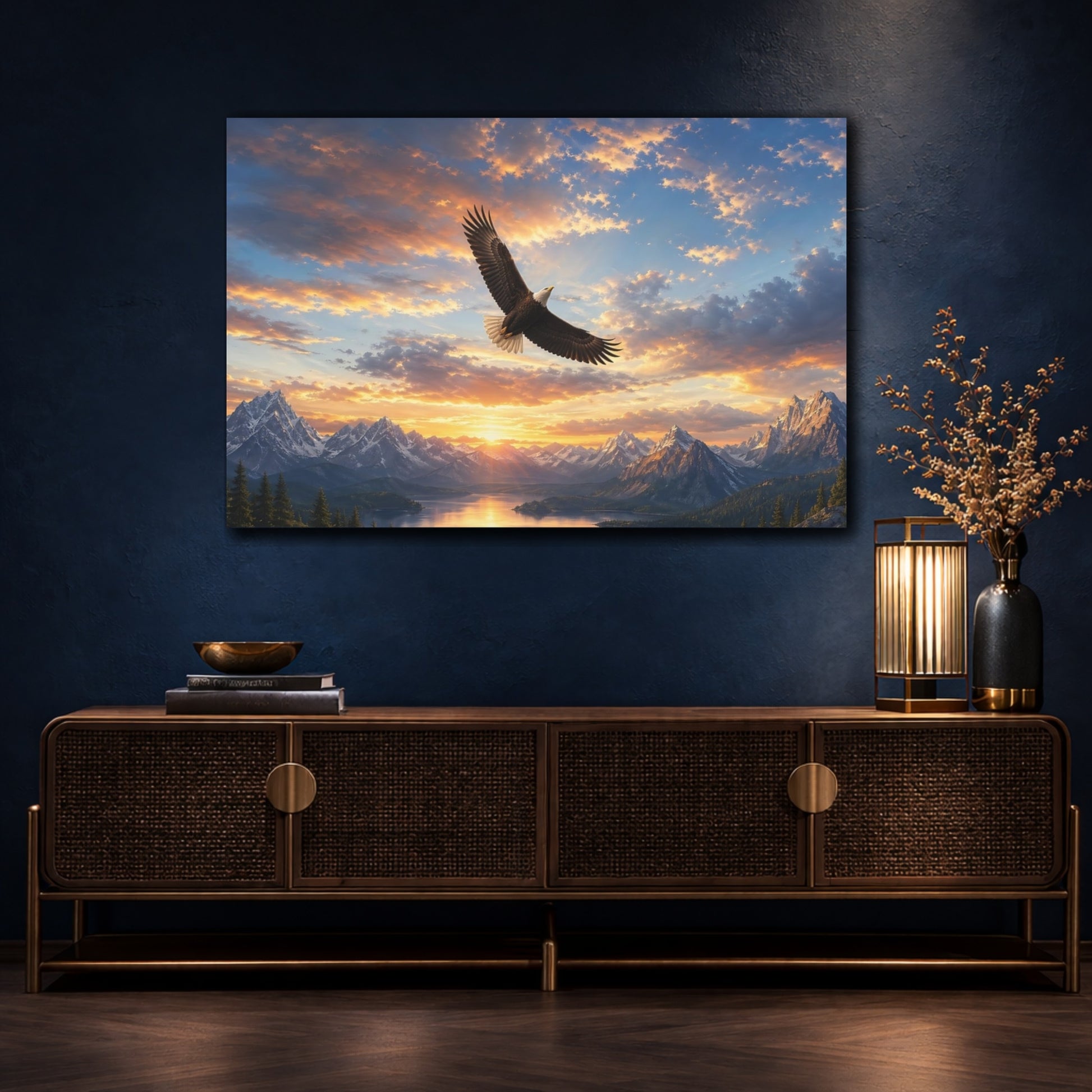 Mockup 4. Nature Bald Eagle Orange Blue Eagle shown as stretched canvas wall art