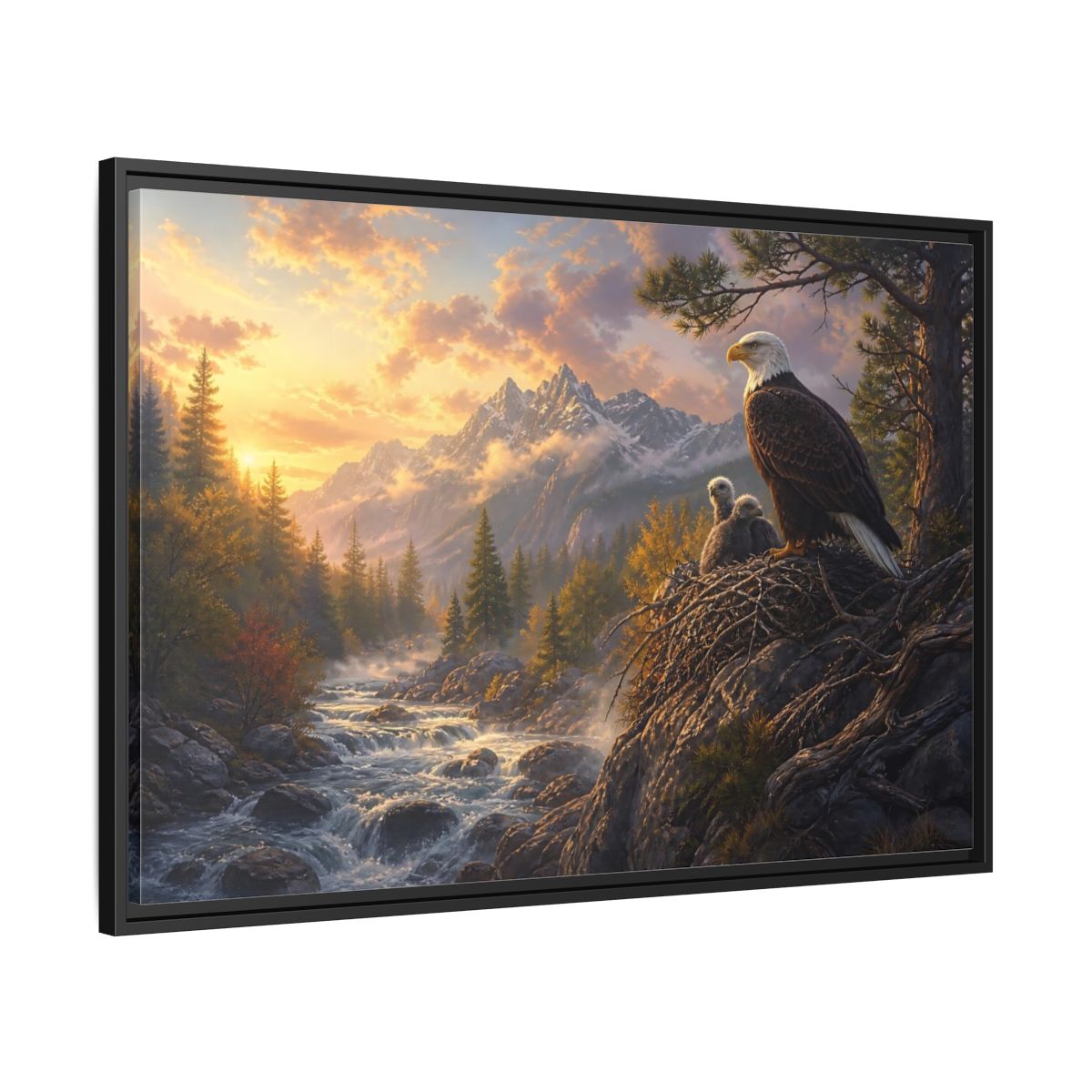 Side Mockup 13. Nature Bald Eagle Eagle Sunset Mountain shown as stretched canvas wall art