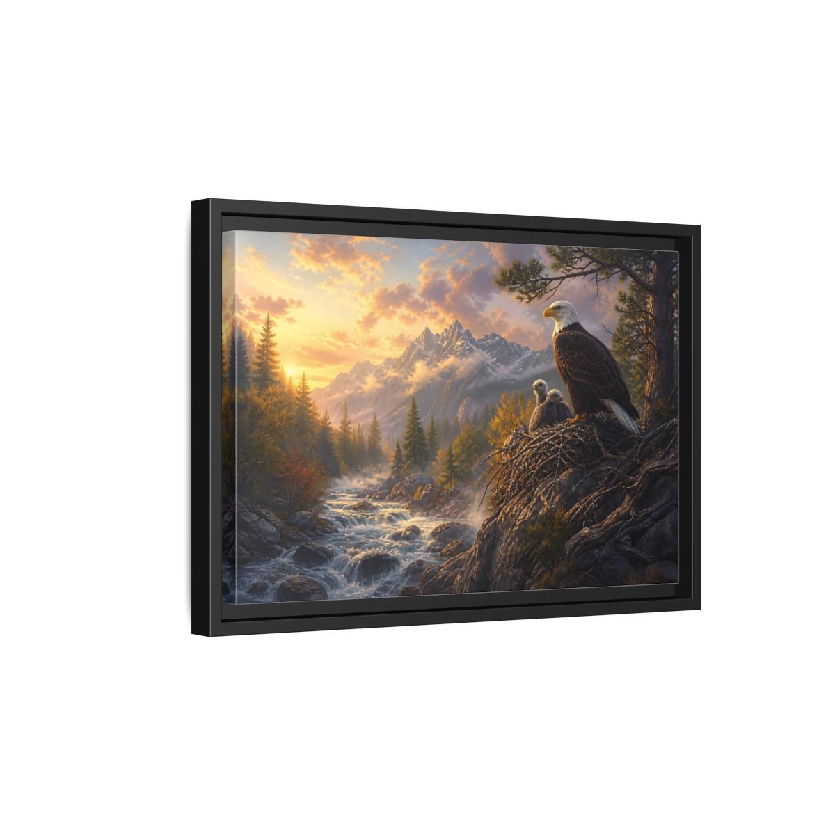 Side Mockup 6. Nature Bald Eagle Eagle Sunset Mountain shown as stretched canvas wall art