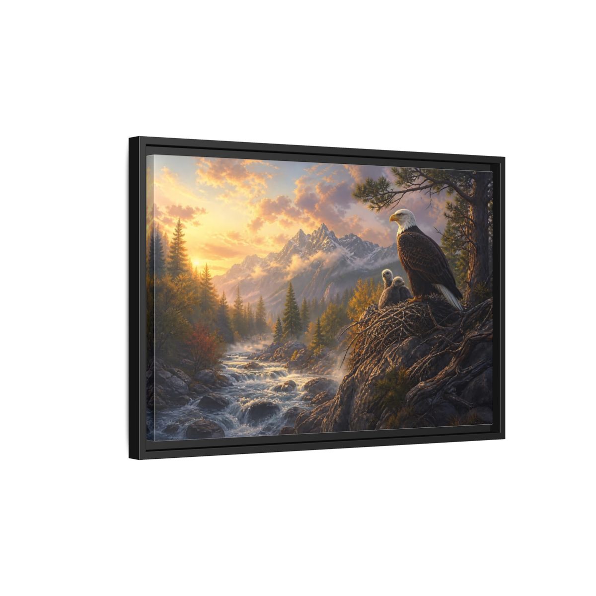Side Mockup 3. Nature Bald Eagle Eagle Sunset Mountain shown as stretched canvas wall art