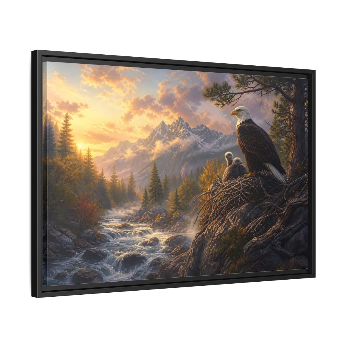 Side Mockup 14. Nature Bald Eagle Eagle Sunset Mountain shown as stretched canvas wall art