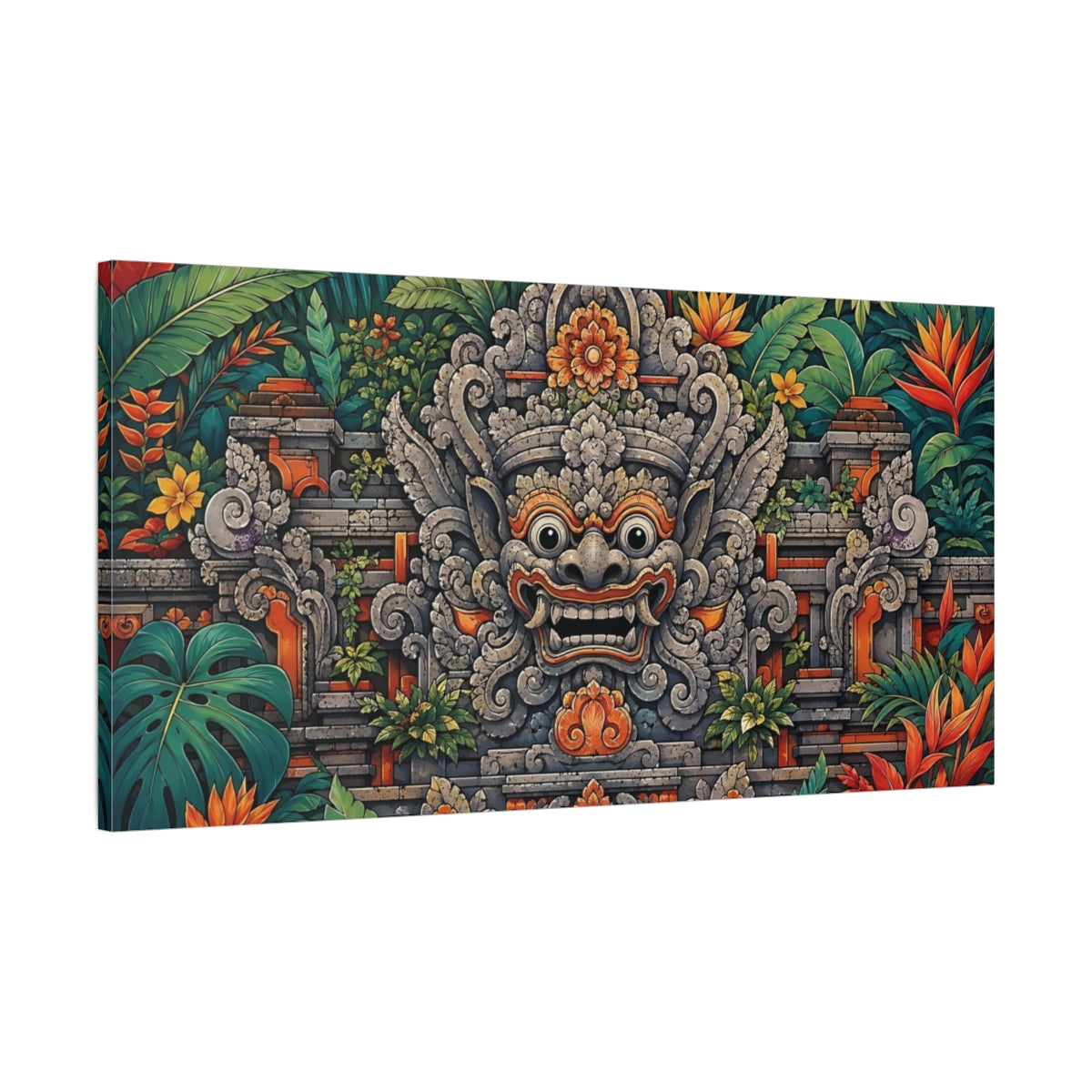 Main Mockup. Nature Balinese Mask Green And Orange shown as stretched canvas wall art