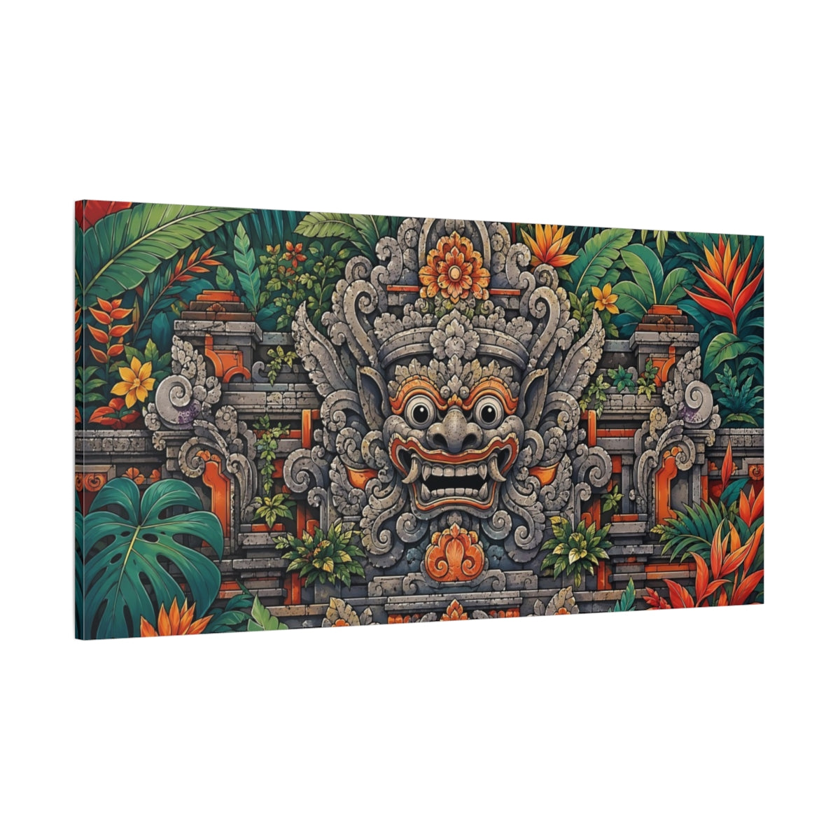 Side Mockup 2. Nature Balinese Mask Green And Orange shown as stretched canvas wall art