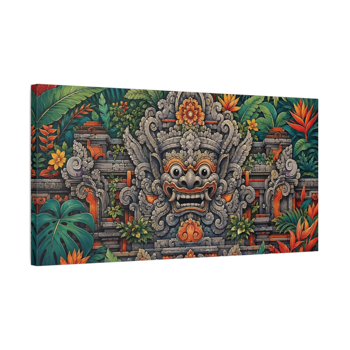 Side Mockup 1. Nature Balinese Mask Green And Orange shown as stretched canvas wall art