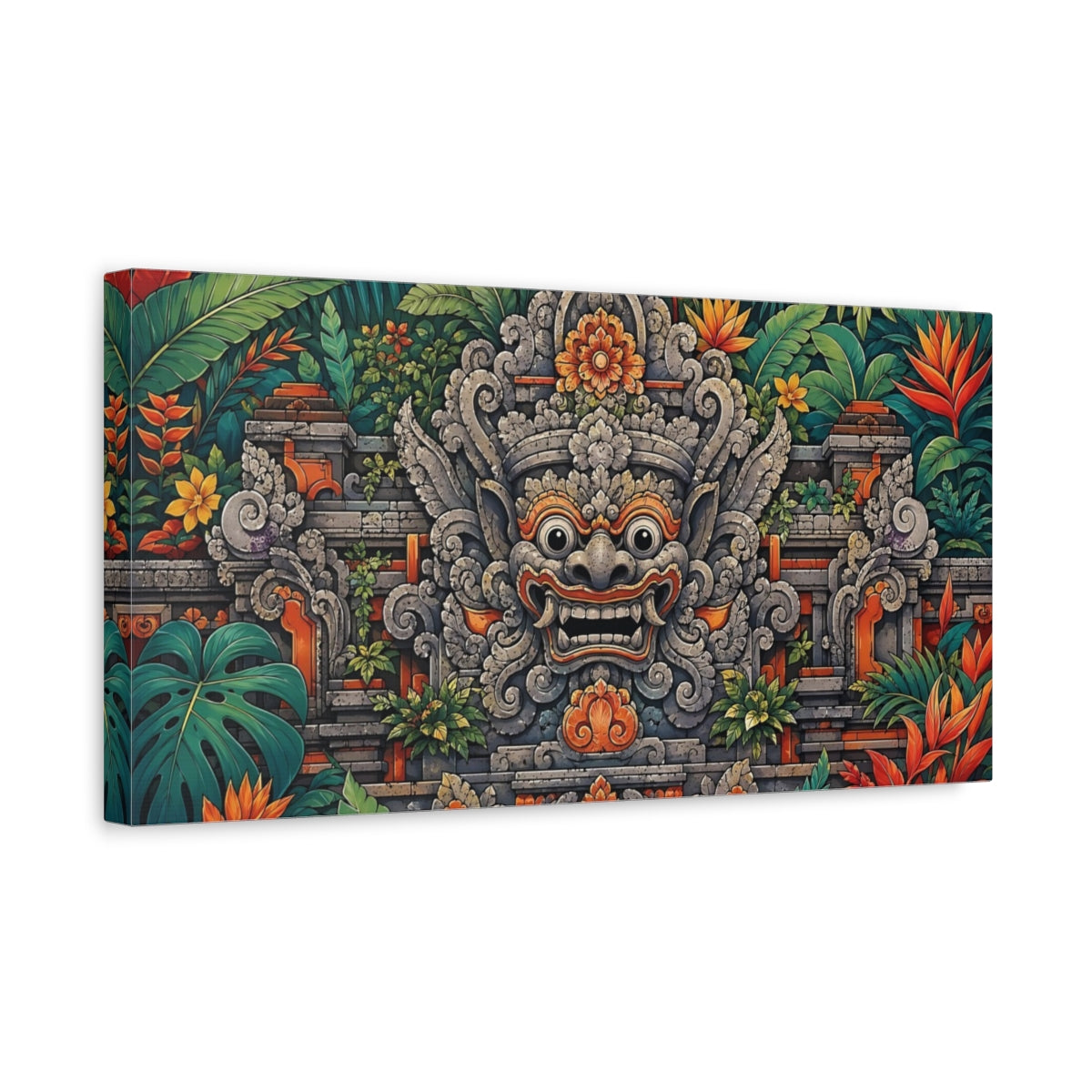 Side Mockup 3. Nature Balinese Mask Green And Orange shown as stretched canvas wall art