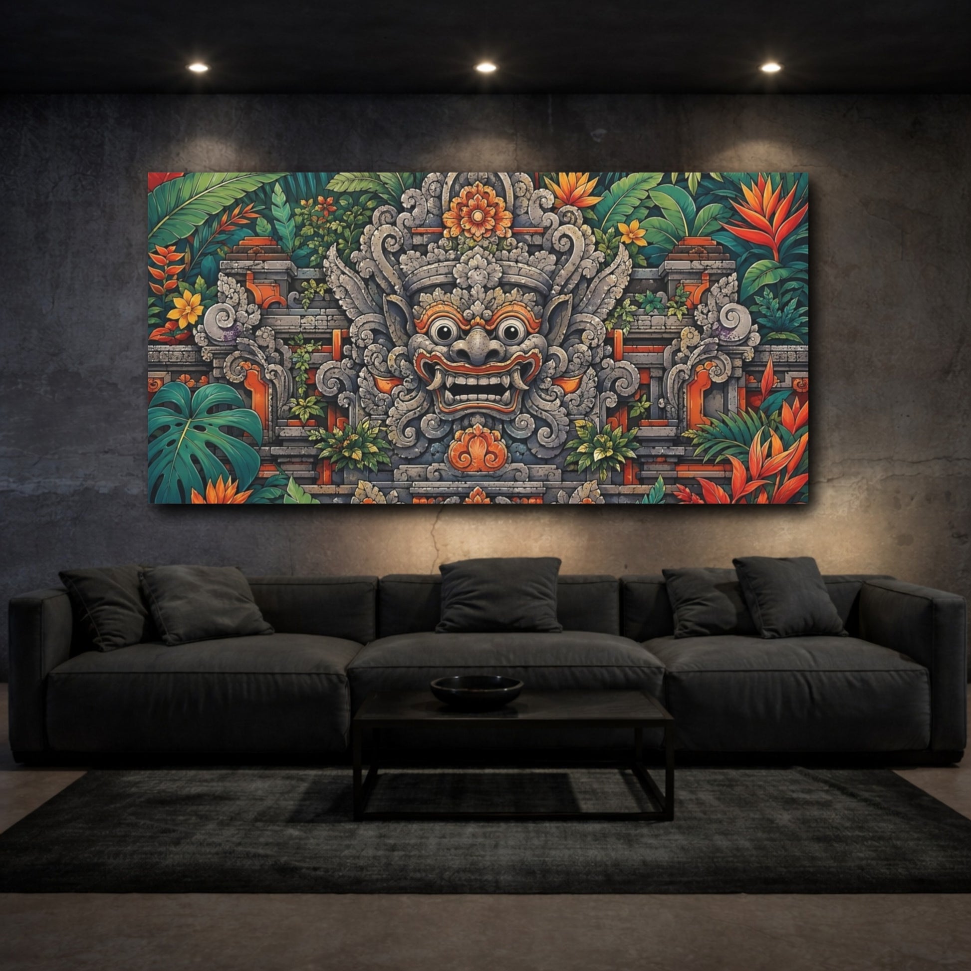 Mockup 2. Nature Balinese Mask Green And Orange shown as stretched canvas wall art