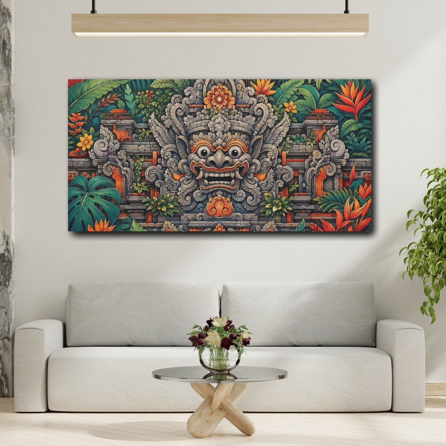 Mockup 3. Nature Balinese Mask Green And Orange shown as stretched canvas wall art