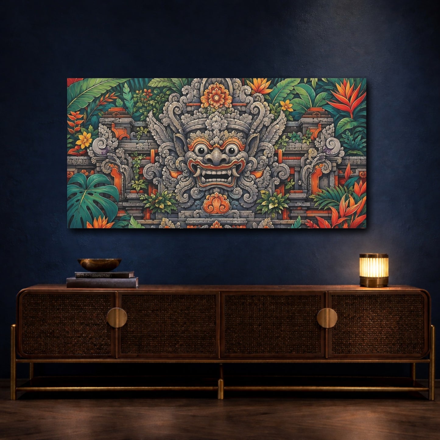 Mockup 4. Nature Balinese Mask Green And Orange shown as stretched canvas wall art