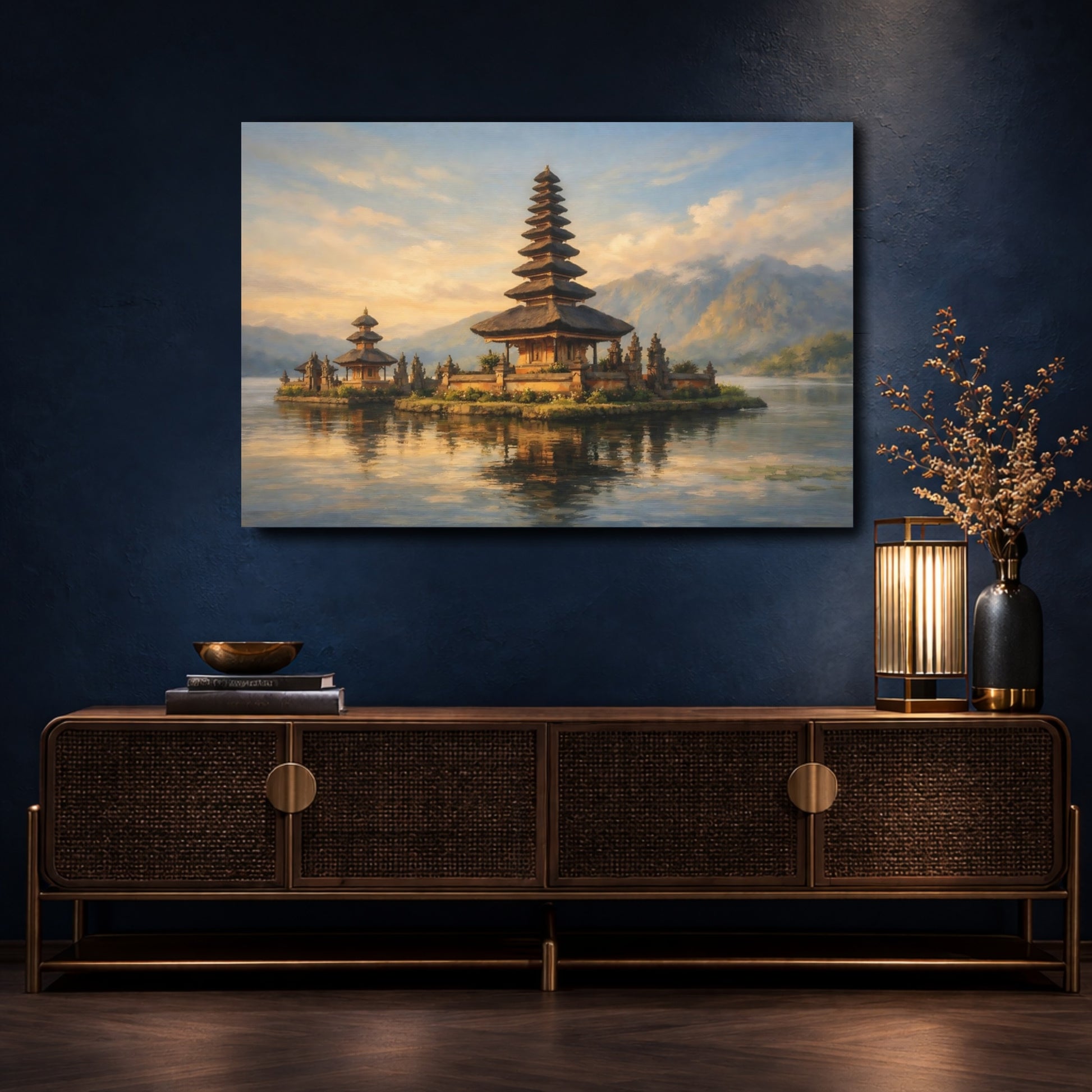 Mockup 4. Nature Balinese Temple Balinese Temple shown as stretched canvas wall art