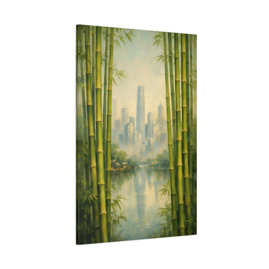 Main Mockup. Nature Bamboo City Green Bamboo Cityscape shown as stretched canvas wall art