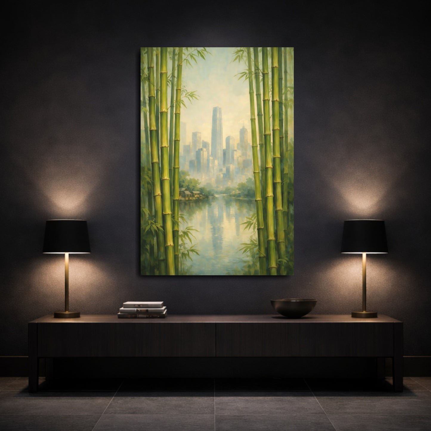 Mockup 2. Nature Bamboo City Green Bamboo Cityscape shown as stretched canvas wall art