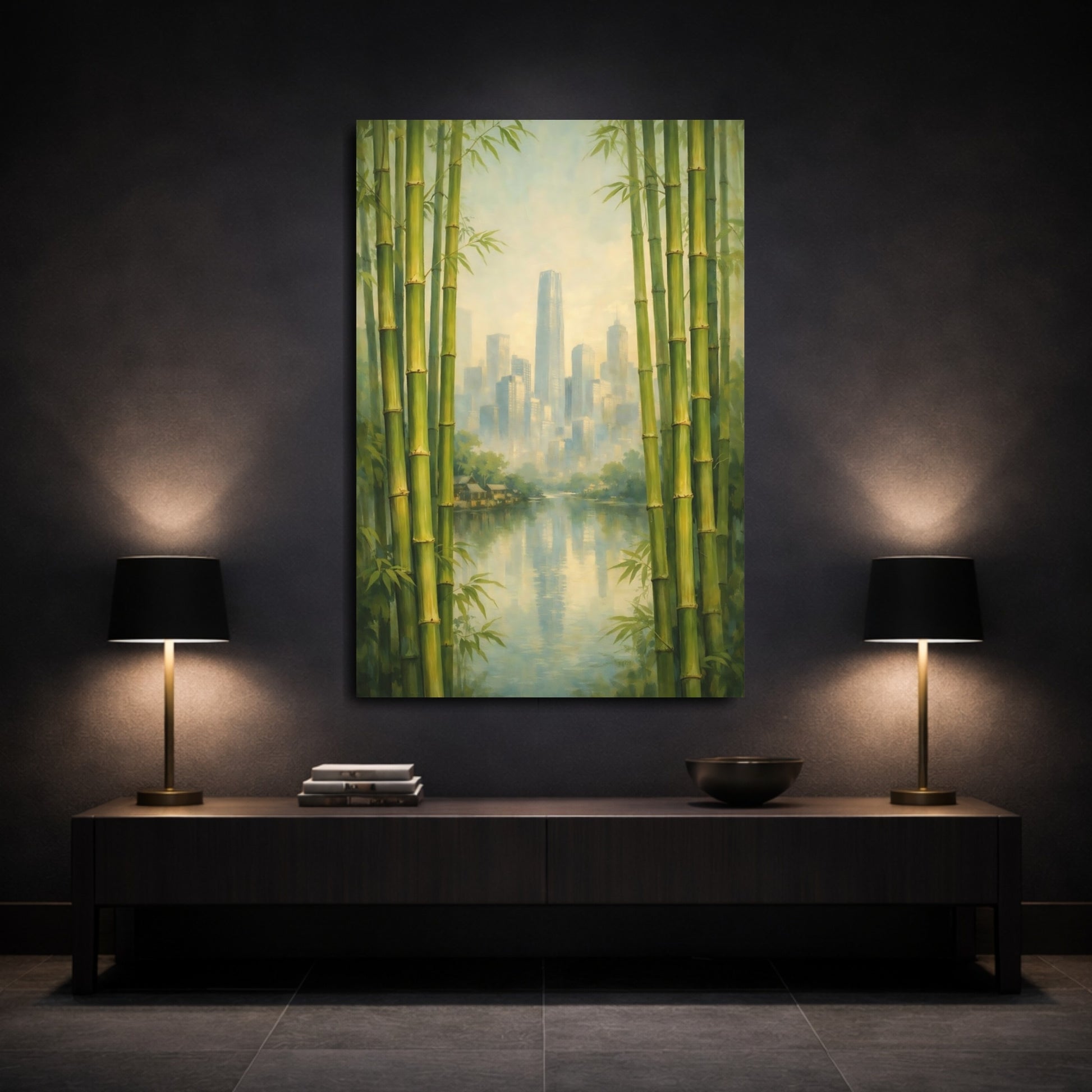 Mockup 2. Nature Bamboo City Green Bamboo Cityscape shown as stretched canvas wall art