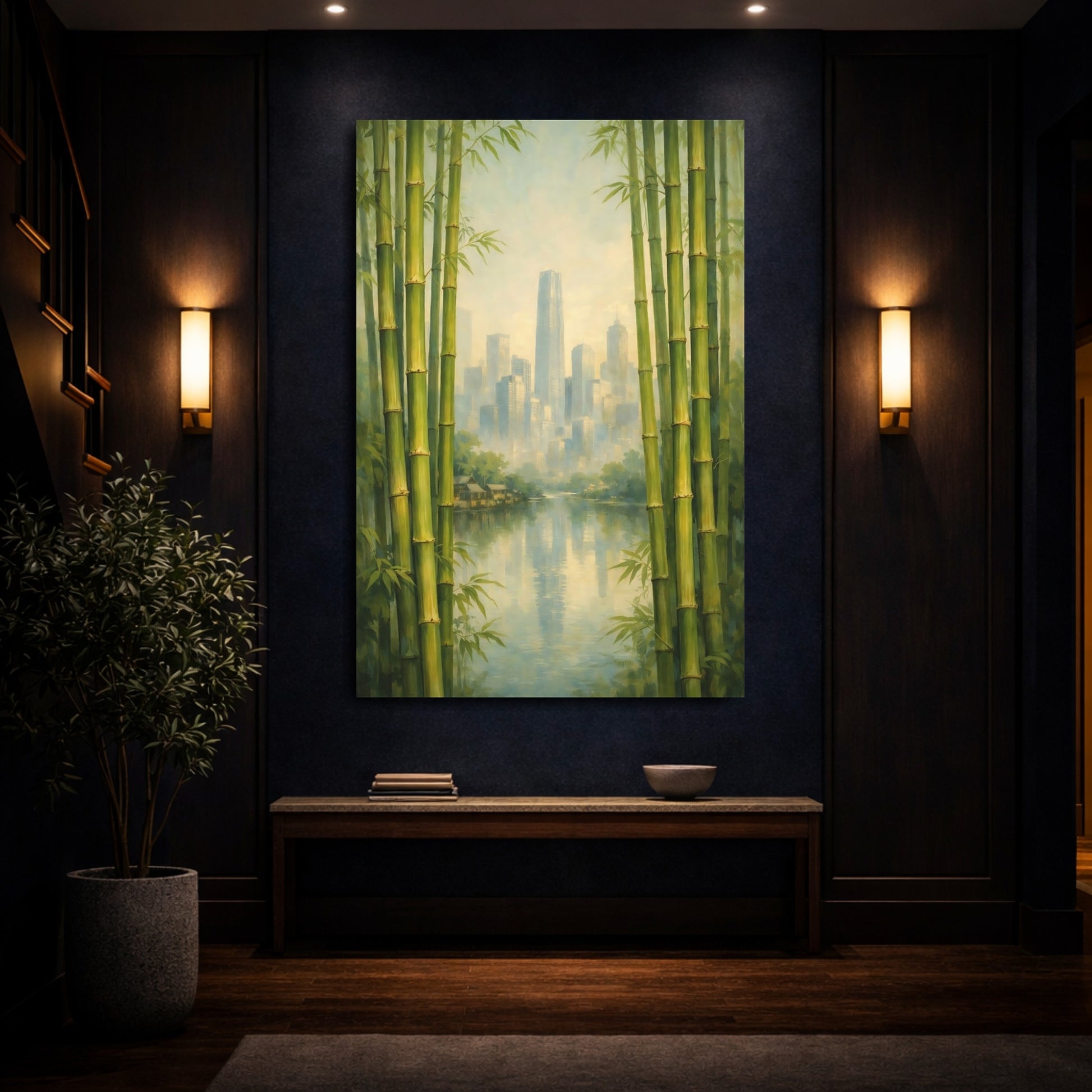 Mockup 3. Nature Bamboo City Green Bamboo Cityscape shown as stretched canvas wall art