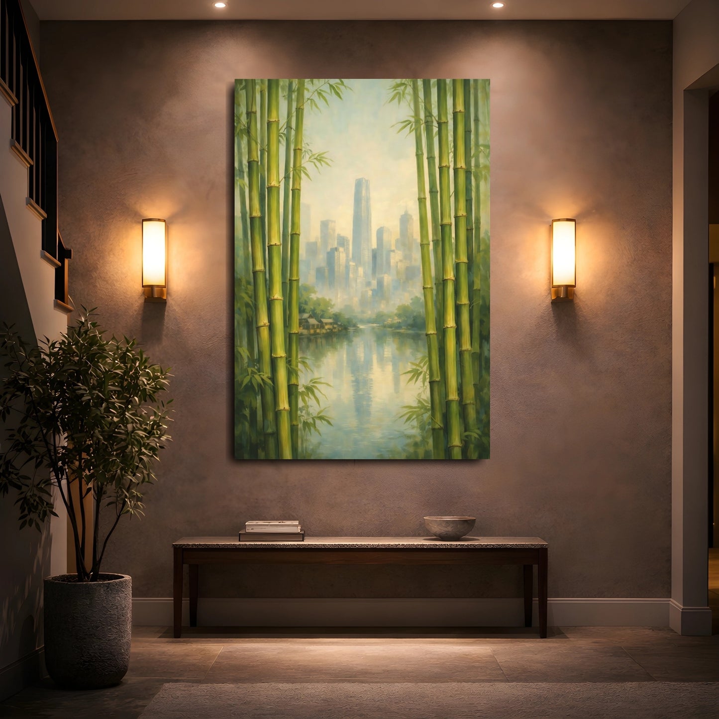 Mockup 4. Nature Bamboo City Green Bamboo Cityscape shown as stretched canvas wall art