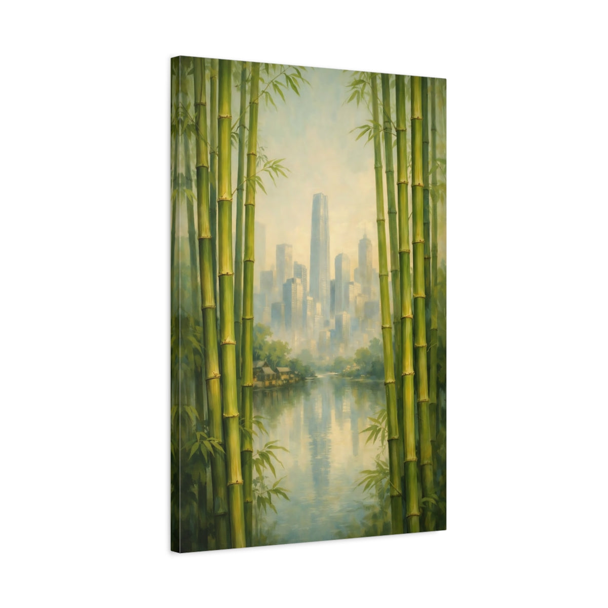 Side Mockup 2. Nature Bamboo City Green Bamboo Cityscape shown as stretched canvas wall art
