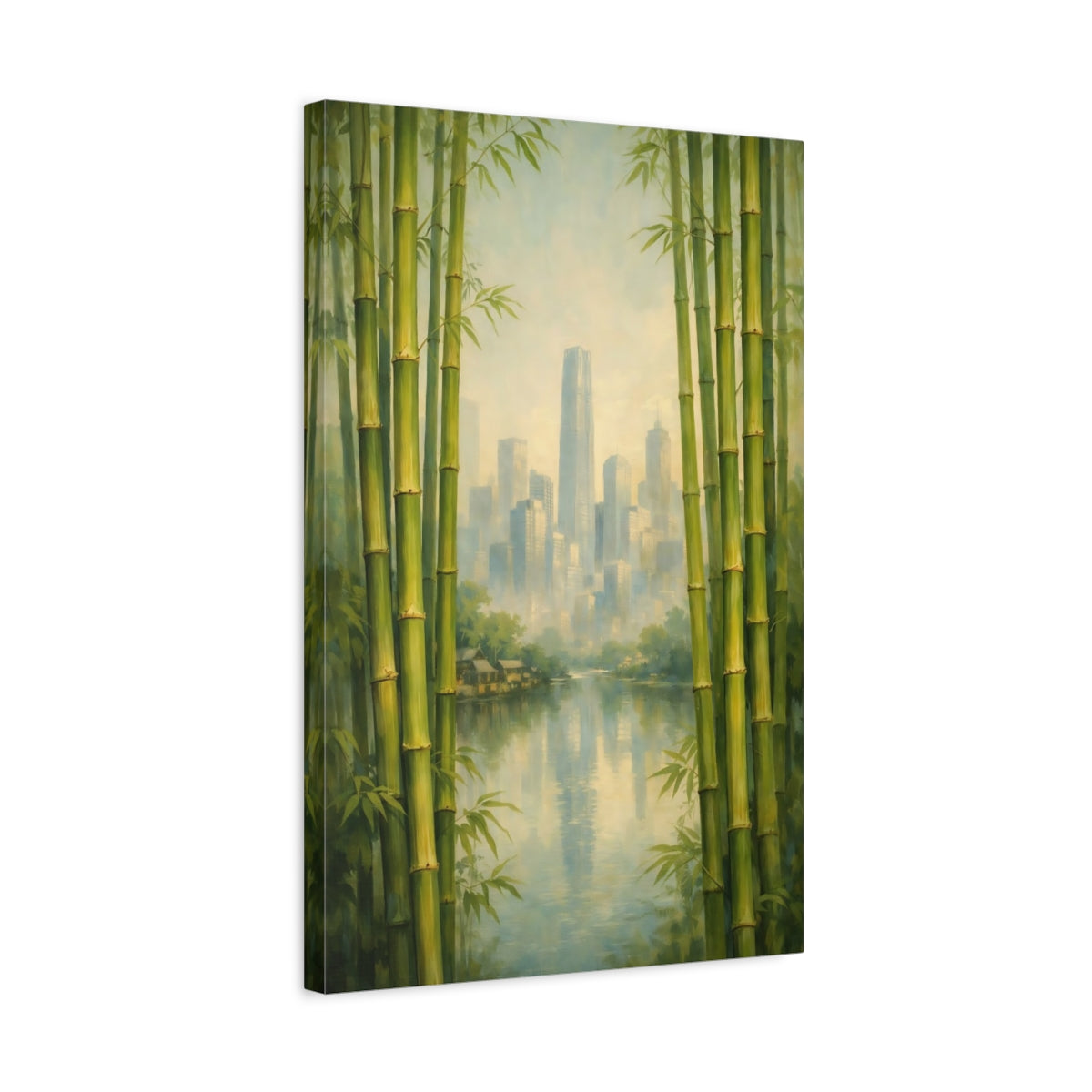 Side Mockup 3. Nature Bamboo City Green Bamboo Cityscape shown as stretched canvas wall art