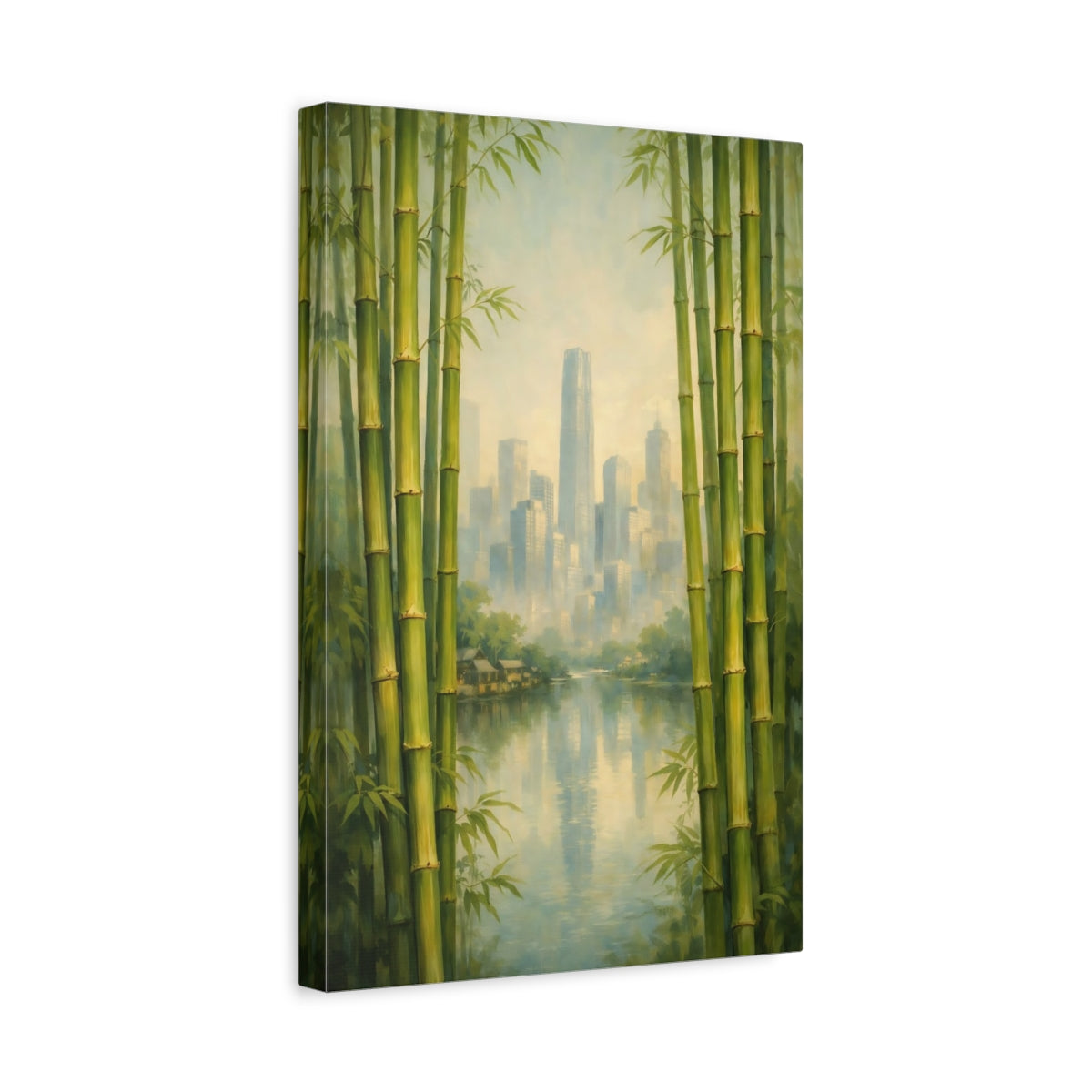 Side Mockup 4. Nature Bamboo City Green Bamboo Cityscape shown as stretched canvas wall art